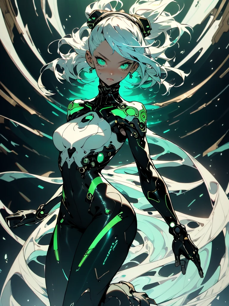 (masterpiece, top quality, best quality, official art, beautiful and aesthetic:1.2), full body view, looking at viewer, helping viewer, ((fisheye photo)), detailed background, vibrant background, cyberpunk blurry background, depth of field, chaotic, wide angle view, 

Beautiful young girl, pretty, pale, white hair, seaweed green inner, two long ponytails, flowing hair, dense hair, bangs, detailed hair, detailed eyes, perfect eyes, sea green eyes, glow, sweaty, shiny skin, detailed skin, slightly flushed cheeks, sexy lips, kind face,  

Tall, lean, fit, curvy, athletic, cyborg, mechanical parts, thick thighs, big breasts, hardnipples outline, Ecchi, young sexy cyborg Lolita girl, detailed legs, perfect legs, detailed arms, perfect arms, detailed hands, 

Cyberpunk outfit, (color:(white, black, blue, green, bronze)), tight fitting outfit, light armour, skin indentation, bare midriff, tiny healed scars, toned, transparent, translucent, glow, high heels, boots, 