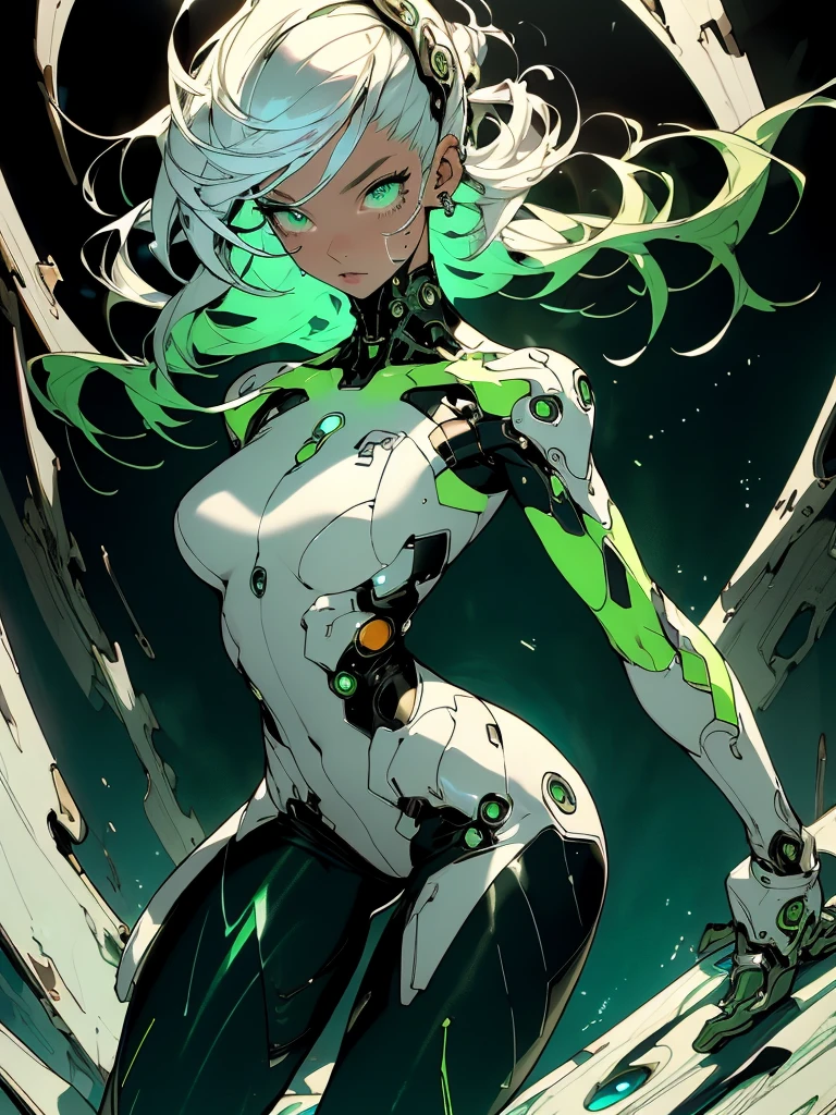 (masterpiece, top quality, best quality, official art, beautiful and aesthetic:1.2), full body view, looking at viewer, helping viewer, ((fisheye photo)), detailed background, vibrant background, cyberpunk blurry background, depth of field, chaotic, wide angle view, 

Beautiful young girl, pretty, pale, white hair, seaweed green inner, two long ponytails, flowing hair, dense hair, bangs, detailed hair, detailed eyes, perfect eyes, sea green eyes, glow, sweaty, shiny skin, detailed skin, slightly flushed cheeks, sexy lips, kind face,  

Tall, lean, fit, curvy, athletic, cyborg, mechanical parts, thick thighs, big breasts, hardnipples outline, Ecchi, young sexy cyborg Lolita girl, detailed legs, perfect legs, detailed arms, perfect arms, detailed hands, 

Cyberpunk outfit, (color:(white, black, blue, green, bronze)), tight fitting outfit, light armour, skin indentation, bare midriff, tiny healed scars, toned, transparent, translucent, glow, high heels, boots, 