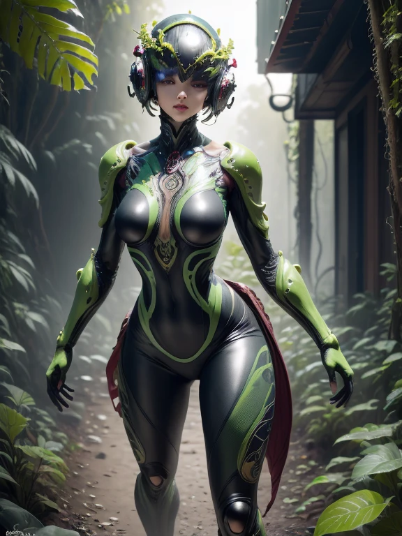 a beautiful detailed girl, beautiful detailed eyes, beautiful detailed lips, extremely detailed face, long eyelashes, cyber girl, girl in bodysuit, girl with nepenthes plant, girl with circuit pattern, girl with biological armor, girl with biological helmet, girl with eye mask, black and green color scheme, 8k, high resolution, photorealistic, masterpiece, ultra-detailed, physically-based rendering, sharp focus, vivid colors,full body shot,