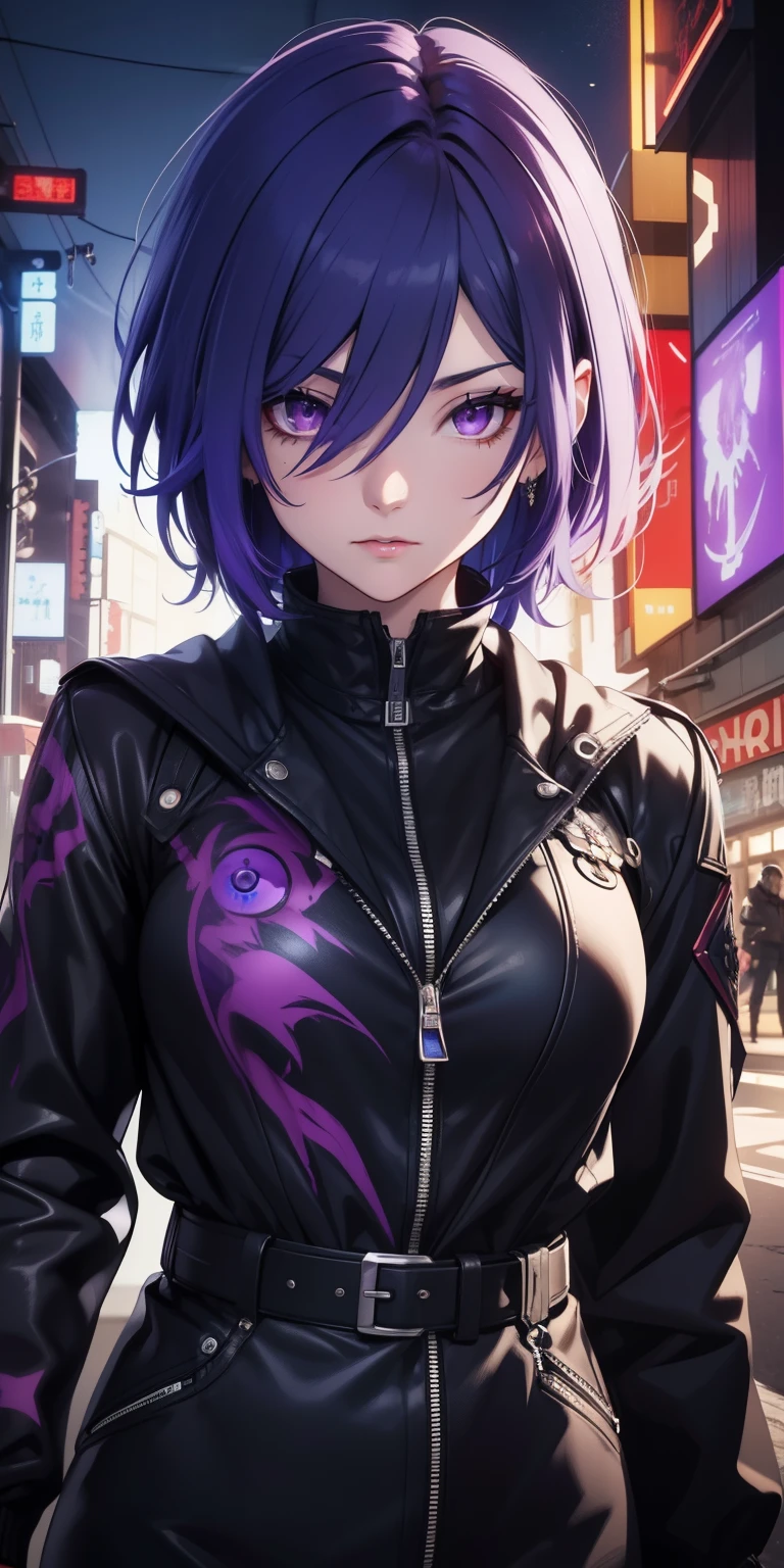 Masterpiece,detailed,High Resolutions:1.4) , Model photo, close, detailed face, fine and detailed eyes, purple eyes, (Kirishima Touka),medium blue hair,ojo ghoul,retro jacket,Ghoul of Tokyo,Retrofuturistic background, vibrant colors, HDR,, ,