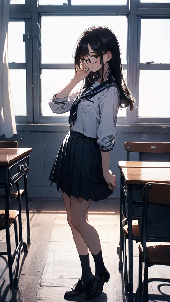 summer、empty classroom、thick、Sweat、、high school girl、Low length、(((Long black hair:1.2　hair band)))(((Black-rimmed glasses:1.2　black eye)))、Backlight、evening、Nostalgic atmosphere、Look at this、High position、Full Body Shot、glamorous、Checked mini skirt、Navy knit vest、loafers、Skirt flip、avert your eyes、Plump thighs、(((Front view))), Beautiful details, 16K, Absurd, masterpiece, Very detailed, beautiful girl, 