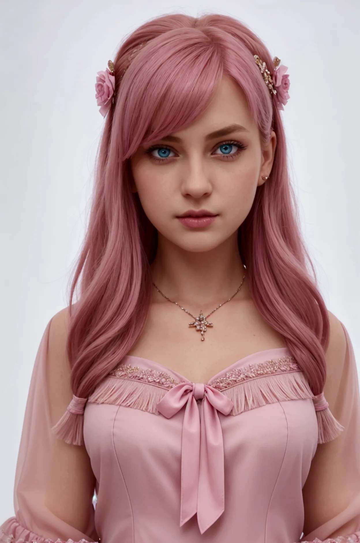 best quality, (photorealistic: 1,2), 1 girl, alone, detailed face, face focus, standing, pink hair, (hair ornament: 1,35), seduc...