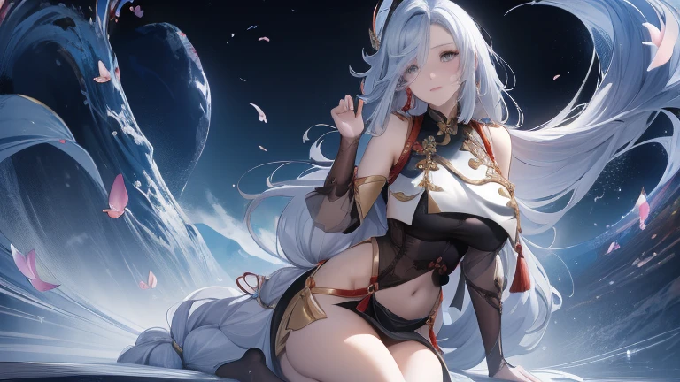 high quality,HD,16K,Sharp Line,1 Girl,fantasy, （Fire Spirits）,Pretty Face, Large Breasts, Beautiful legs,In the water,Focus Girl,detailed Pretty Face,Detailed clothes,beautiful eyes,Cool,Sexy,Dynamic Angle,穿着华服的神明Strike a pose拍照, Ancient mysterious sexy goddess, Traditional beauty woman, Beautiful female warrior god of war , Beautiful sexy goddess, Gorgeous role-playing, high, Beautiful young girl, Beautiful woman, 华丽Beautiful woman, Complex clothing,Chinese Mystical Aesthetics, Beautiful goddess ancient mysterious girl, Extremely detailed shot of the goddess, Jaw-dropping sexy beauty, Big breasts deep neckline sexy belly button（butt), (bedroom), (Sexy Girls), masterpiece, best quality, Bangs, blush, Chest, clavicle, Eyebrows visible through hair, (Ombre gold hair), Jewelry, Long hair,Bright Eyes, ring, (solitary), illustration, fashionable, miss, Strike a pose, background, element, confident, Express, Accessories, majestic, striking, key point, Dynamic poses, ((plump)), (purple))Woman in transparent dress,Viewer,(((Full breasts, Keeley University))),Slim waist,(Navel exposed,Bare waist), Long hair, extreme detailed details, 详细的fantasy艺术, Stunning character art, Beautiful and exquisite character art, Beautiful transparent dress, Very detailed, Large Breasts，Chest，Golden ratio figure，Beautiful figure，Ultra wide-angle shooting，Full body shot拍摄，Body close-up，Full body shot，Wearing a pleated tulle skirt，柔和动漫illustration, 柔和的深色background，Fujifilm XT3 Clear focus, f 5.6, High Detail, Clear focus,(Wearing openwork clothing),, (Natural light), (Tempting)translucent, Good velvet quality, Compared, Divine Light,, Silver hair, 夜空background, Absolute Strength,Female Shinmei，穿着性感丝绸的Female Shinmei,，Large Breasts，Chest，Golden ratio figure，Beautiful figure，Ultra wide-angle shooting，Full body shot，Body close-up，Full body shot， Wearing a tulle dress, Model shooting style, Large Breasts，饱满Chest，Golden ratio figure，Beautiful figure，(Extremely detailed CG 8k wallpaper unit), The most beautiful artistic photos in the world, , 8K 超HD, ) ，Sexy姿态，Sexy表情，best quality,masterpiece,Ultra-high resolution,(Practical:1.4),original photo,Ultra-high resolution