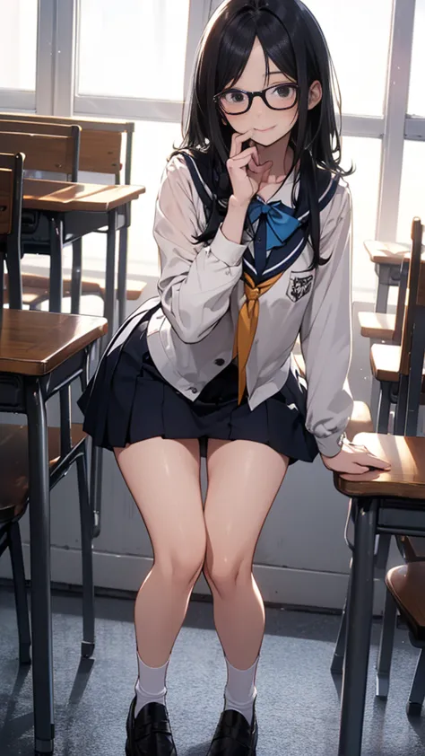 summer、empty classroom、thick、sweat、、high school girl、low length、、(((long black hair:1.2　hair band)))(((black-rimmed glasses:1.2　...