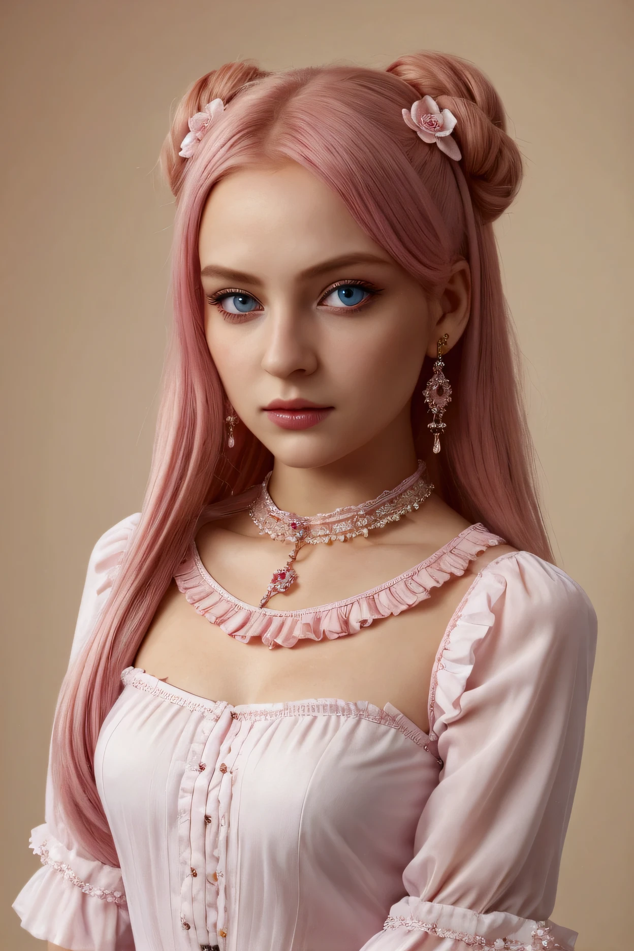 Best Quality, (photorealistic: 1,2), 1 girl, Alone, Detailed face, face focus, standing, pink hair, (hair ornament: 1,35), Seductive, blouse with neckline, separate sleeves, ribbon trim, wide sleeves, (looking at the viewer:1.5) by the wide, blue eyes , fringe, Lips,