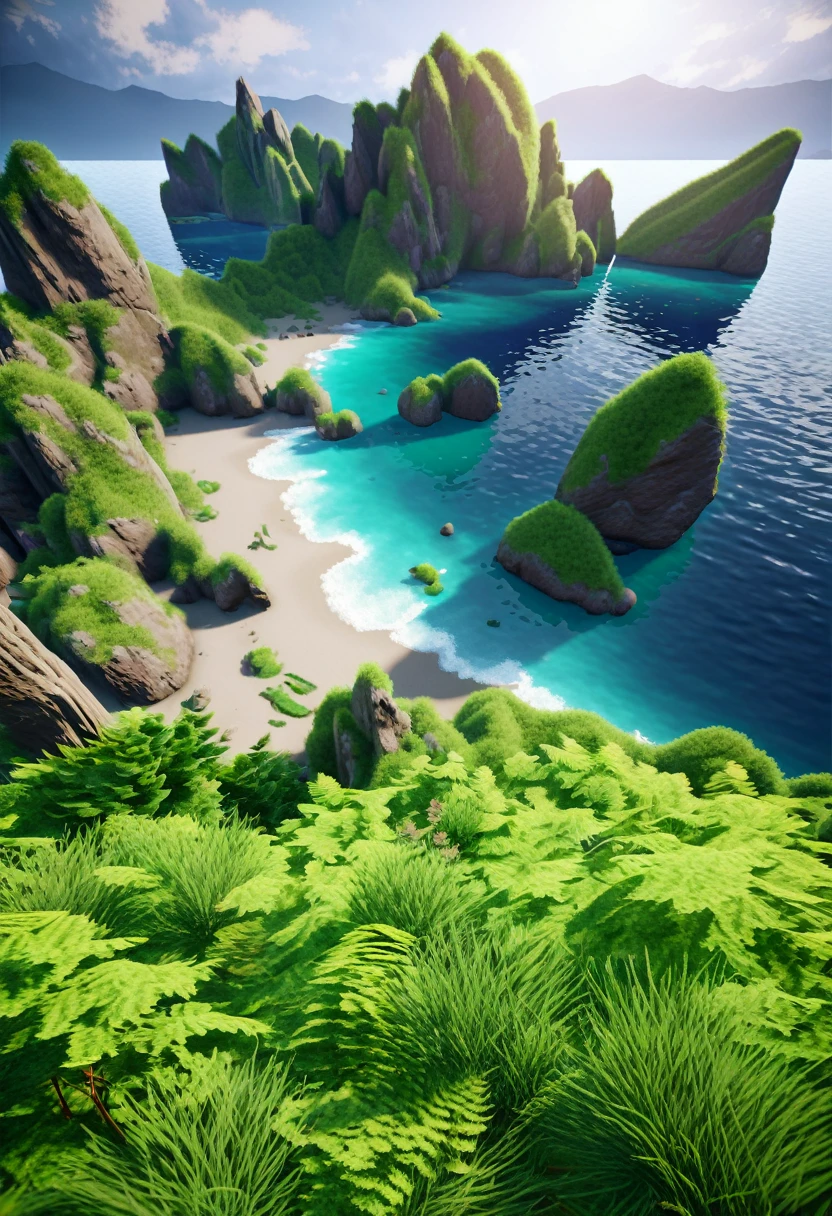 There is a mountain range covered with greenery，There is a highest mountain by the sea（best quality，4K，8k，High level，masterpiece：1.2），Ultra Detailed，（lifelike，Photo real，Photo real：1.37），Complex patterns，Realistic lighting，虚幻引擎4K壁纸，Summer Unreal Engine 5, Beautiful landscape rendering, Mountains and Oceans, Rendered in 8k Unreal Engine,，The most beautiful scenery，Epic shock