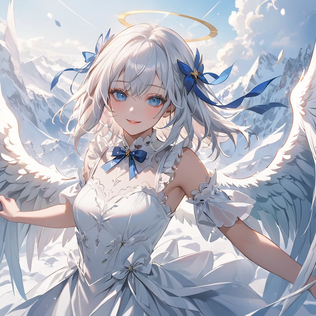 (white theme art),(top-quality),(masterpiece),(1 angel girl),(beautiful seraphim),(solo),Delicately drawn face,girl with a pretty face,beautiful detailed transparent blue eyes,(beautiful detailed angel wings),flapping,fluttering feathers,beautiful detailed white lolita fashions,((white costume)),(Beautiful silky white hair:1.3),blue ribbon,snow white skin,a beautiful artistic illustration,white theme,beautiful smile,(frontal face:1.3),(head shot, shoot from above,overhead shot),vivid color,lens flare,(floating in the blue sky)