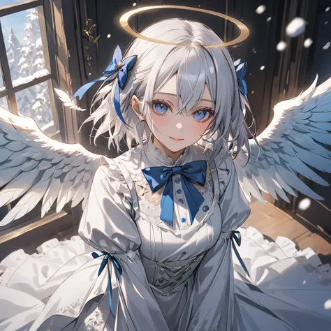 (white theme art),(top-quality),(masterpiece),(1 angel girl),(beautiful seraphim),(solo),delicately drawn face,girl with a prett...