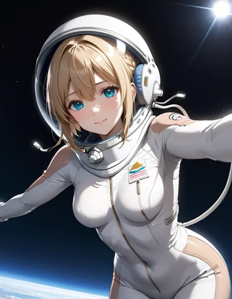 (spacesuit:1.15), white cargo pants, space helmet , , spacewalk, masterpiece, highest quality, one person, alone, short hair, , ...