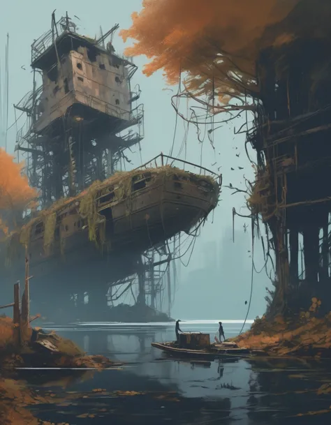 sketch, a hauntingly beautiful dystopian boatyard, overgrown with vines and moss, where a group of deer roam freely among the ru...