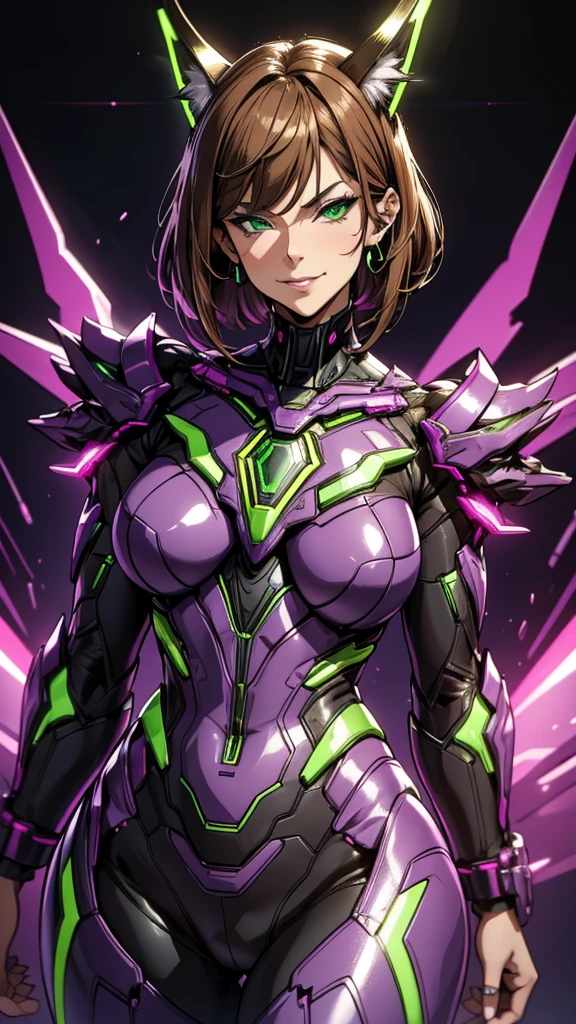 masterpiece, highest quality, (solo focus), (perfect face:1.1), (full body), (high detail:1.1), (hyper detailed eyes), 1girl, dramatic, bright green eyes, solo, arrogant expression, neon purple cybernetic outfit, art by artgerm, cinematic lighting, fashion, small chest, extremely detailed face, adult face, mature face, milf face, adult body, green emerald eyes, foxy mature eyes, adult milf eyes, extremely detailed eyes, long eyelashes, eyeliner, frowned eyebrows, smirk smile, malicious smile, sly smile, closed mouth, full lips, brown hair, straight hair, straight bangs, shoulder length hair, hair cut at her shoulders, medium length hair, purple clothes, hourglass body, small boobs, small breasts, large hips, thick thighs, big butt, pierced ear, piercing on ears, mature expression, purple neon background