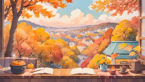 ultrawide cozy autumn aesthetic fall,studio ghibli inspired,watercolor,no people,lofi,cute