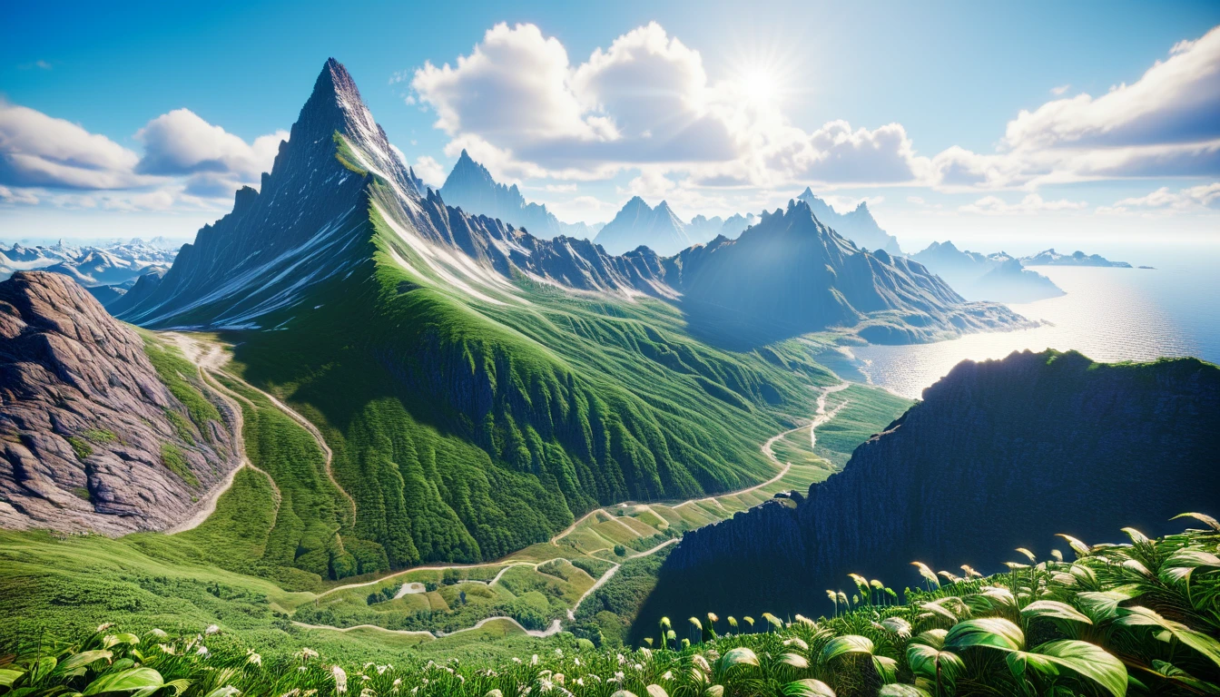 There is a highest mountain on the West Sea, covered with green plants（best quality，4K，8k，High level，masterpiece：1.2），Ultra Detailed，（lifelike，Photo real，Photo real：1.37），Complex patterns，Realistic lighting，虚幻引擎4K壁纸，Summer Unreal Engine 5, Beautiful landscape rendering, Mountains and Oceans, Rendered in 8k Unreal Engine,，The most beautiful scenery，Epic shock