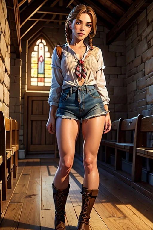 1 rural girl, short brown braided hair, almond-shaped brown eyes, freckles, wearing a tied checkered shirt, wide-hipped wearing very short shorts, wearing rural boots, standing, mischievous look inside a chapel with an innocent gaze, detailed facial features, highly detailed, 8k, photorealistic, studio lighting, lush environment, warm color tones, intricate details