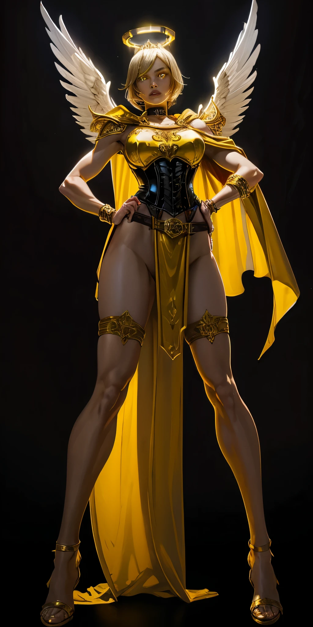 (Black background) paladin lady in ornate golden armor, black collar, pauldrons, breastplate, leather corset, glowing halo, short bob hair style, yellow glowing eyes, bright pupils, eye focus, red cape (full body, whole body, 1solo girl) slave fighter, loincloth standing, hands on hips, metal sandals, leather choker, big belt, view from below, feet together, bracers, tiara) feathers angel wings