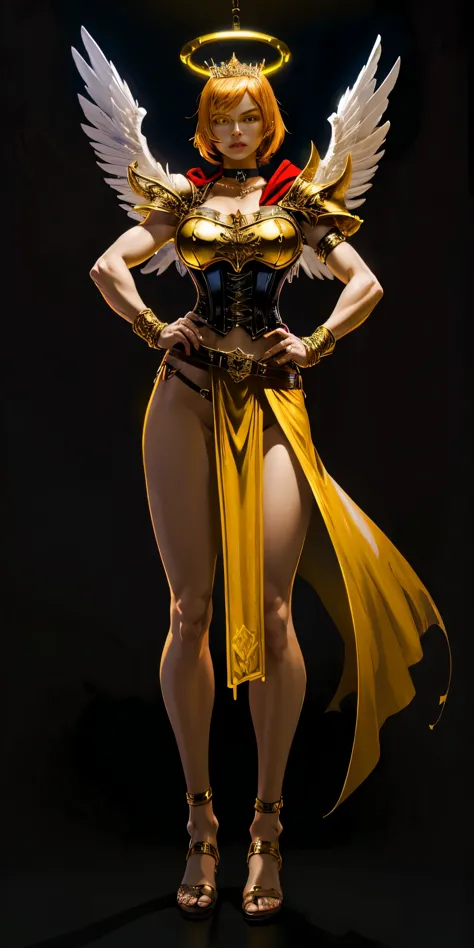 (black background) paladin lady in ornate golden armor, black collar, pauldrons, breastplate, leather corset, glowing halo, shor...