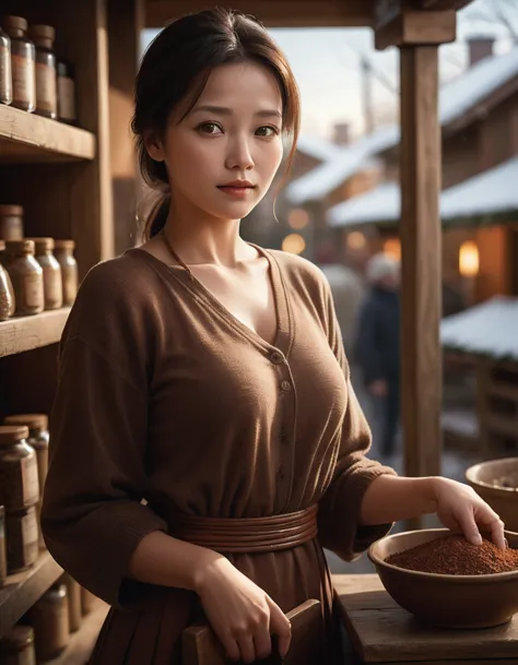 girl, (art by terry redlin:0.7) , warm slope, amazing woman spice trader, depth of field 100 mm, beautiful,dynamic pose