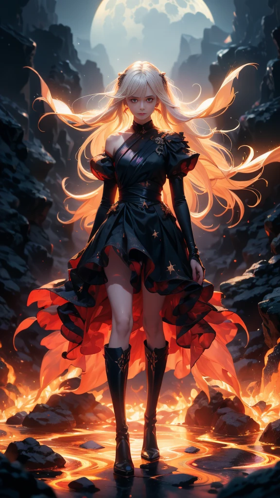 anime Girl with long white hair down to her waist, with small red details, red eyes, long black dress with a leg slit, with red details, long black boots up to below the knees, white skin, the ground around her is cracking and small stones are floating around her surrounded by a black aura, she is surrounded by shadows, and the background is dark like the night with the universe and stars, her presence causes fear, her shadow appears to be a monster, 8k, high quality, full body, (ultra-realistic), {extremely detailed 8k CG unit wallpaper}, expansive landscape photograph, (light: 2.0), (warm light source: 1.5), complex details, (iridescent colors: 1.5), (bright lighting), (atmospheric lighting), surreal, impressive, fantasy, (Solo: 1.2), White moon, (detalles ultra épicos), efecto de muchas aguas, rayos y truenos, caos, naturales, destello, 3D, 8K, fondo de pantalla, dark monster like shadow with big teaths en estilo de arte de fantasía oscura, arte digital de fantasía épica, (cara detallada :1.4) 