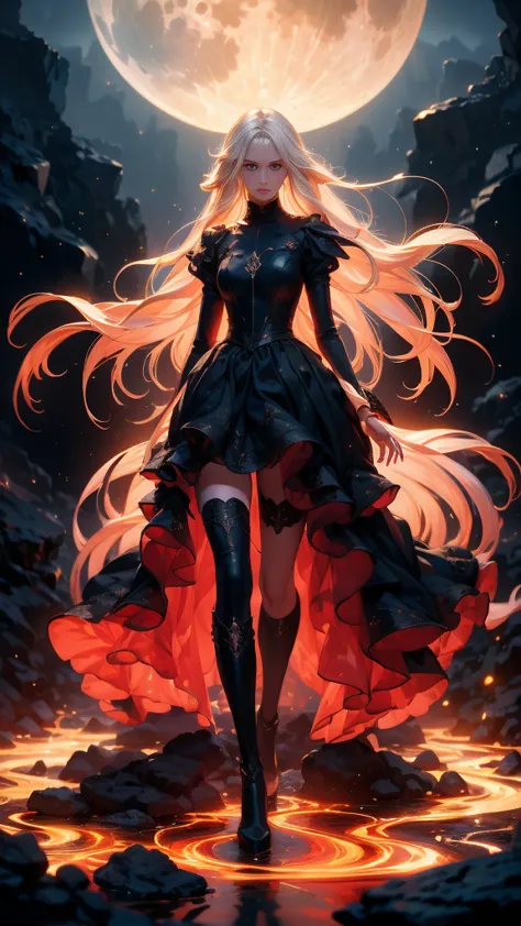 anime girl with long white hair down to her waist, with small red details, red eyes, long black dress with a leg slit, with red ...