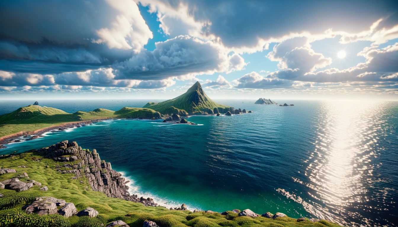 a lush green mountain peak overlooking the western ocean, realistic summer landscape, 8k unreal engine rendering, epic cinematic lighting, dramatic cloudy sky, crystal clear water, rocky coastline, tiny figures in the distance, highly detailed, photorealistic, masterpiece