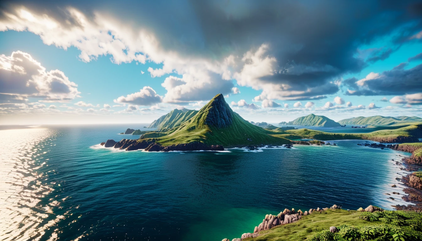 a lush green mountain peak overlooking the western ocean, realistic summer landscape, 8k unreal engine rendering, epic cinematic lighting, dramatic cloudy sky, crystal clear water, rocky coastline, tiny figures in the distance, highly detailed, photorealistic, masterpiece