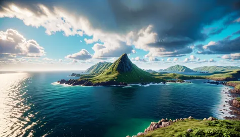 a lush green mountain peak overlooking the western ocean, realistic summer landscape, 8k unreal engine rendering, epic cinematic...