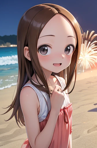 (Super detailed)(Master quality)(RAW Photos))(8k)(Realistic, photo Realistic:1.2)(Super detailed anime)(Anime Style) ((Highest quality)),(MS. Takagi who is good at teasing)(Sandy beach, sand, night fireworks)((、Baby Face))