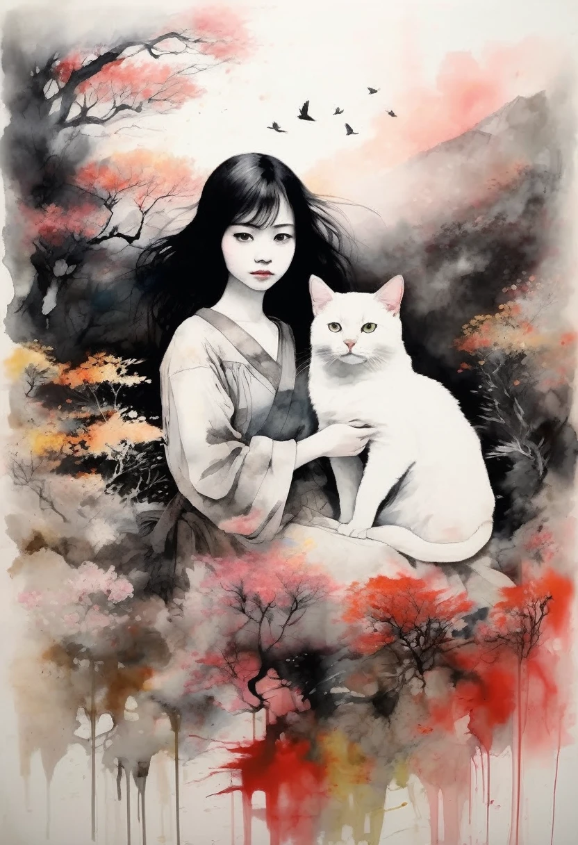 Painting of a beautiful girl holding a cat、Filled with love for cats、愛情deep、chaos、(Ink drawing on Japanese paper, Landscape painting that bleeds easily)、(絵本のようなContemporary Art) ,Dark Side Artistic、Contemporary Art、(Transparent watercolor) (Light itself is reality) (Soft layer,Colorful colors、lots of colors) (shades of paint dissolved thinly with water) (deep, Delicate colors) paint (draw) In black and white:1.4、Masterpiece、Highest quality、Kanna Hashimoto