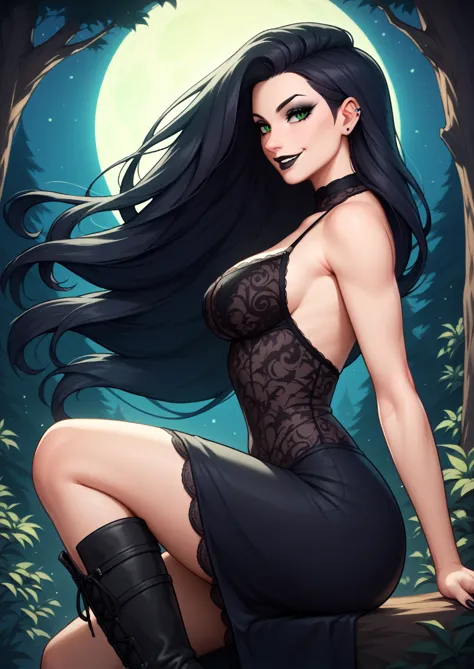 1girl, solo, green eyes, long hair, black hair, long black lace dress, half-body, dark forest, night time, wiccan aesthetic, got...