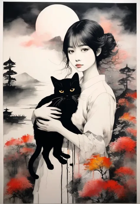 painting of a beautiful girl holding a cat、filled with love for cats、愛情deep、chaos、(ink drawing on japanese paper, landscape pain...