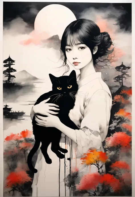 painting of a beautiful girl holding a cat、filled with love for cats、love deep、chaos、(ink drawing on japanese paper, landscape p...