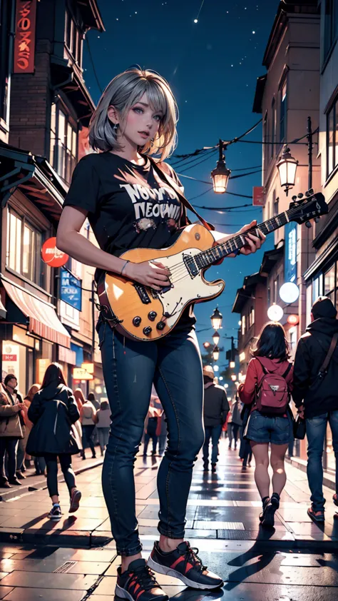 2 female。t-shirts、jeans、sneakers、silver hair、semi-long、downtown at night、street performance、singing while playing guitar、people ...