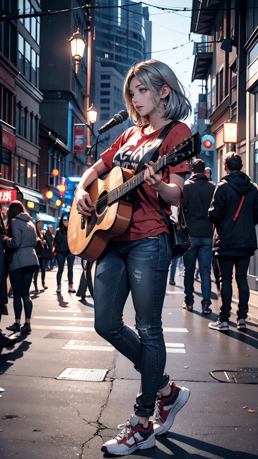 2 female。T-Shirts、jeans、sneakers、Silver Hair、semi-long、Downtown at night、Street Performance、Singing while playing guitar、People gather around to listen