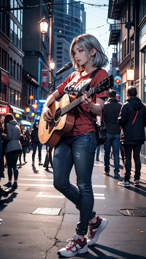 2 female。t-shirts、jeans、sneakers、silver hair、semi-long、downtown at night、street performance、singing while playing guitar、people ...