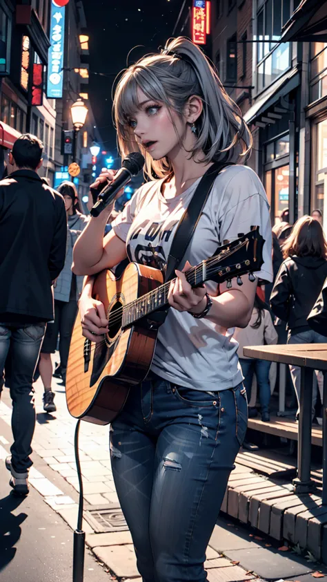 2 female。t-shirts、jeans、sneakers、silver hair、semi-long、downtown at night、street performance、singing while playing guitar、people ...