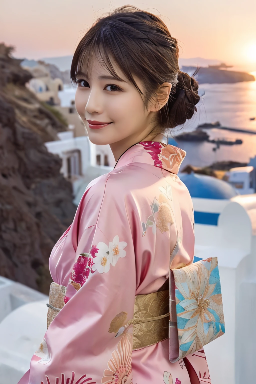 1 person, (Wearing a pink floral kimono.:1.2), Very beautiful Japanese idol portraits, 
(RAW Photos, Highest quality), (Realistic, Realistic:1.4), (masterpiece), 
Very delicate and beautiful, Very detailed, 2k wallpaper, wonderful, finely, Very detailed CG Unity 8k 壁紙, Very detailed, High resolution, Soft Light, 
Beautiful details, Very detailed目と顔, Beautiful and sophisticated nose, Beautiful and beautiful eyes, Cinema Lighting, 
(Commemorative photo on Santorini Island:1.3), (White Building), (blue sky), (Church bells), (Aegean Sea),
(Japanese hairstyle), (Tie your hair at the back:1.3), (bangs), (hairpin), 
Complete Anatomy, Slender body, Small breasts, smile