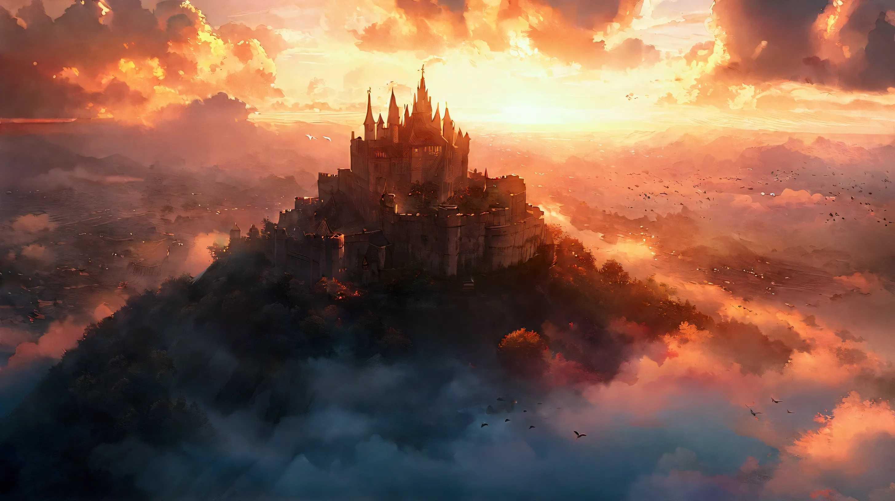 anime aestetics, anime scenery, digital painting, medieval castle standing on the top of the standing on the huge stone pillars ...