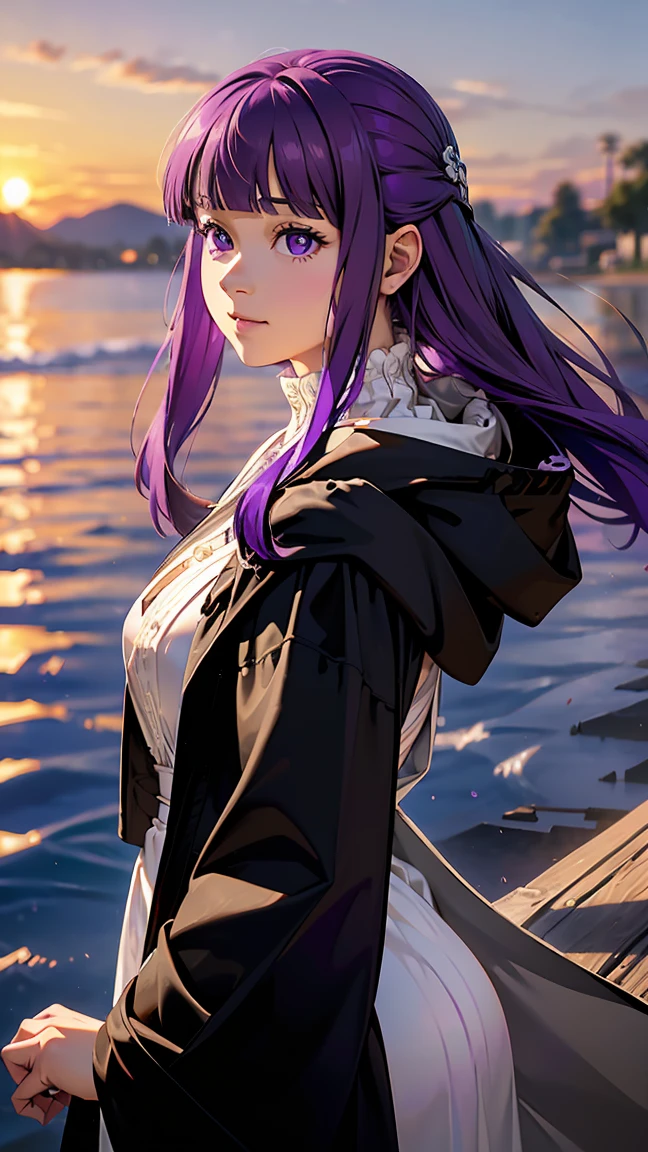 Fern, long hair, bangs, (purple eyes: 1.1), (((purple hair: 1.5))), side locks, blunt bangs, (light pupils: 1.5), half up, long sleeves, (((high neck white western dress: 1.5))), (((white western one piece dress: 1.5))), (((long dress: 1.5))), (((front open black robe: 1.5))), (((black haori robe: 1.5))), (16k, 8K, Raw, Best Quality, Masterpiece 1.2), Ultra HD, High Resolution, High Quality, Best Quality, (((full body image 1.3))), Top quality, Ultra high resolution, Incredibly absurd, Very detailed, 2.5D, (Close up: 1.4), (RAW photo: 1.2), (Realistic: 1.4), (Masterpiece: 1.3), (Best quality: 1.4), Girl, (Night scene: 1.2), Lightly dressed, Cute girl, Stepping into the sea, Standing on tiptoes, Landscape, Between the horizon and the sea, Side view, Ripples spreading from the toes, Standing about 20 meters away, On the sea, Entire scene is Shiny Oars, Illumination, Info One girl, Perfect anatomy, Perfect proportions, Nice lighting Bright, bright colors, clean lines, information, blurred, stunning expressions, restless emotions, gorgeous and cute, beautiful face and eyes in every detail, (masterpiece) beautiful face, young and handsome girl, really perfect skin, blurred, stunning expressions, restless emotions, gorgeous and cute, beautiful face and eyes in every detail, (Audrey Hepburn), (cute), (J-POP idol), (thighs, (depth of field), (depth of field), soft light, shining lens gaze, (droopy eyes), straight teeth, shy smile, fluttering hair, a scene from Blake's movie,