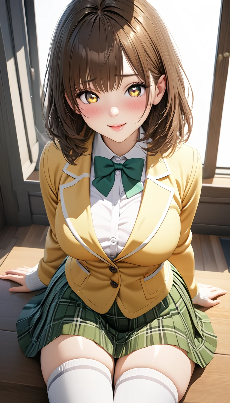 (masterpiece,ultra-detailed,best quality,8K,CG,realistic,illustration:1.2),(perfect-composition,detailed beautiful face,Clean skin,photographical skin,shiny skin,shiny hair, photographical hair,ultra detailed eyes,shaved,kawaii,uncensored:1.1),smile,medium hair, 1girl, solo, brown hair, brown eyes,large breast,winter school uniform, green bowtie, white shirt, yellow blazer, buttoned blazer,plaid skirt, green skirt,thigh socks,blushing,embarrassing face, glossy lips ,sitting on bed ,arms spread,indoor room,from above