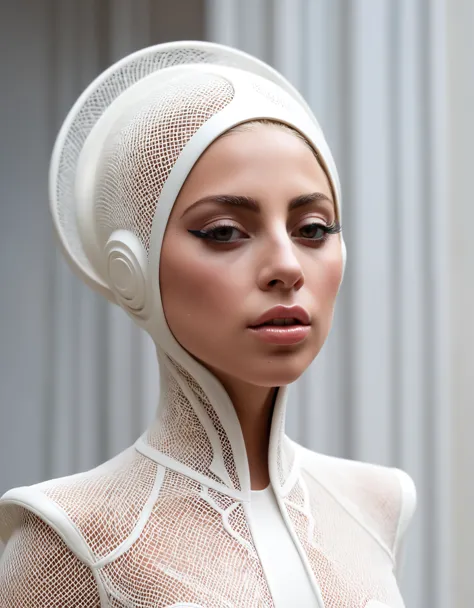 young caucasian lady gaga, beautiful, minimal, white on white, dynamic, stark, light and shade, clean, linen see through, sublim...