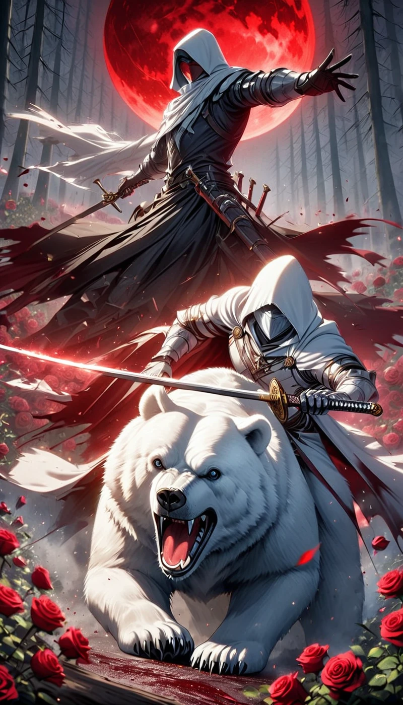 Dynamic picture, in it a man with a white hood with bear ears and a katana is riding a polar bear in a forest while the blood moon shines, many Roses cover the ground and lightning falls from the sky. The man wears a red blindfold.