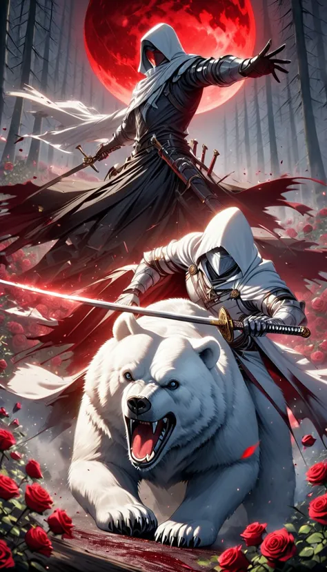 dynamic picture, in it a man with a white hood with bear ears and a katana is riding a polar bear in a forest while the blood mo...