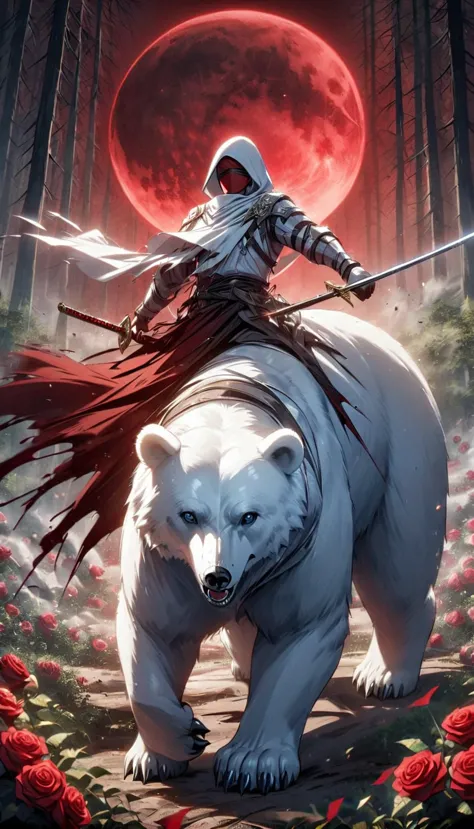 dynamic picture, in it a man with a white hood with bear ears and a katana is riding a polar bear in a forest while the blood mo...