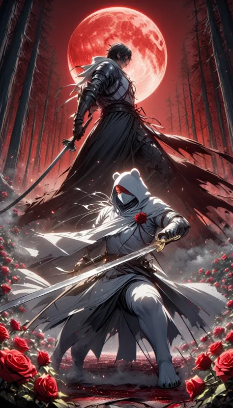 dynamic picture, in it a man with a white hood with bear ears and a katana is riding a polar bear in a forest while the blood mo...