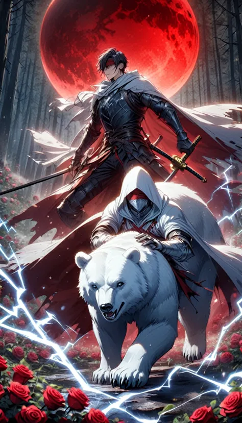 dynamic picture, in it a man with a white hood with bear ears and a katana is riding a polar bear in a forest while the blood mo...