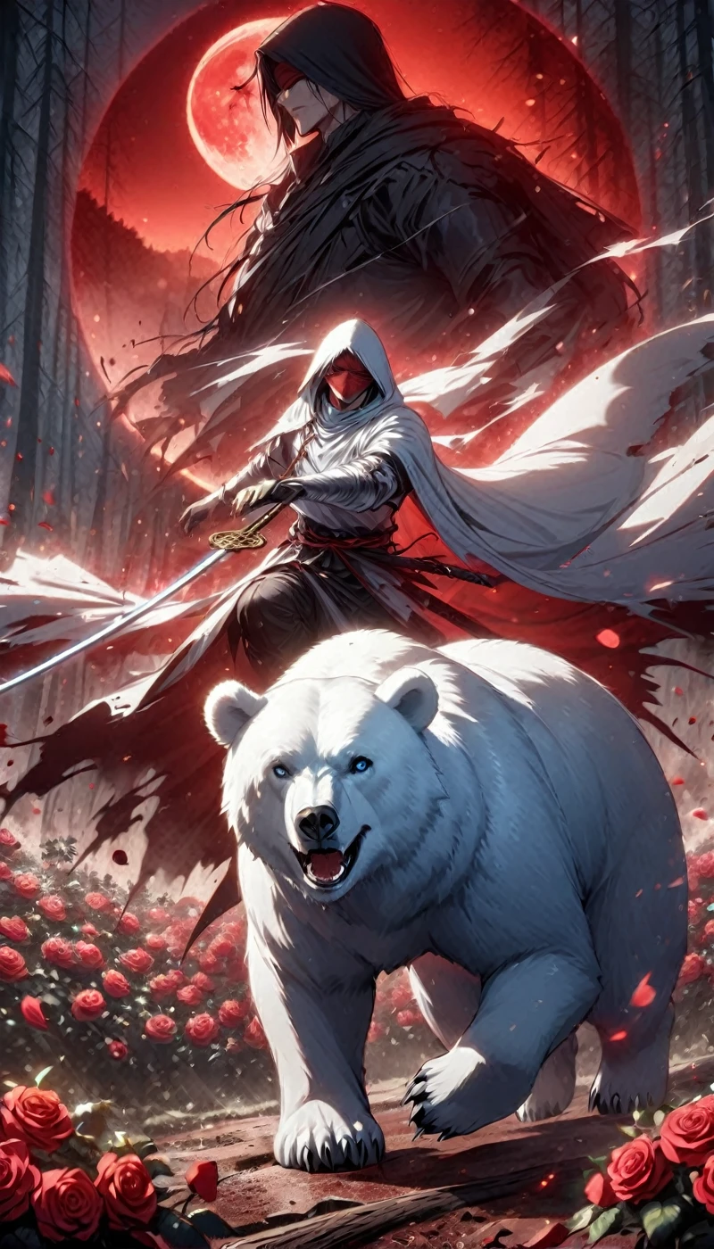 Dynamic picture, in it a man with a white hood with bear ears and a katana is riding a polar bear in a forest while the blood moon shines, many Roses cover the ground and lightning falls from the sky. The man wears a red blindfold.