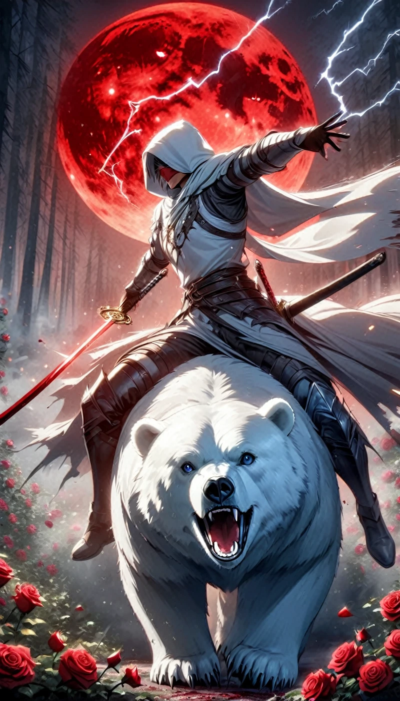 Dynamic picture, in it a man with a white hood with bear ears and a katana is riding a polar bear in a forest while the blood moon shines, many Roses cover the ground and lightning falls from the sky. The man wears a red blindfold.