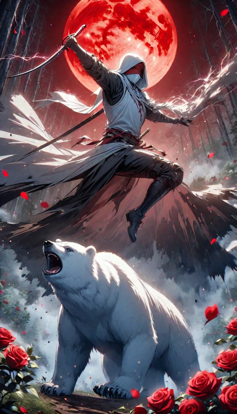 Dynamic picture, in it a man with a white hood with bear ears and a katana is riding a polar bear in a forest while the blood moon shines, many Roses cover the ground and lightning falls from the sky. The man wears a red blindfold.