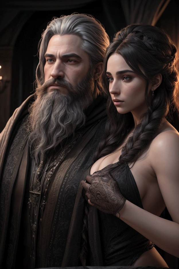 a wizard couple, a man with a medium beard, a woman with a beautiful body and a large buttocks, highly detailed, 8k, ultra realistic, photorealistic, cinematic lighting, romantic fantasy, dark moody atmosphere, dramatic lighting, volumetric lighting, depth of field, hyper detailed, award winning art, intricate details, masterpiece, exquisite, elegant, beautiful ambos de frente para a camera