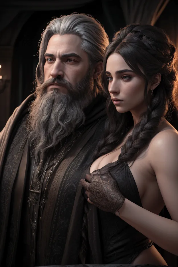 a wizard couple, a man with a medium beard, a woman with a beautiful body and a large buttocks, highly detailed, 8k, ultra reali...